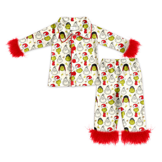 Baby Girl Red Fur Long Sleeves Shirt Pants Pajamas Christmas Set