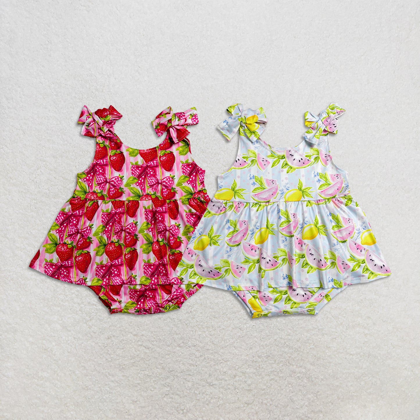 Sibling Baby Girls Infant Sleeveless Strawberry Watermelon Bows Summer Bubble Rompers Clothes RTS