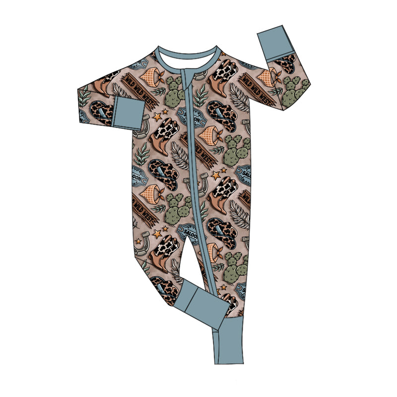 Baby Boy Long Sleeves Western Boots Cactus Zipper Romper