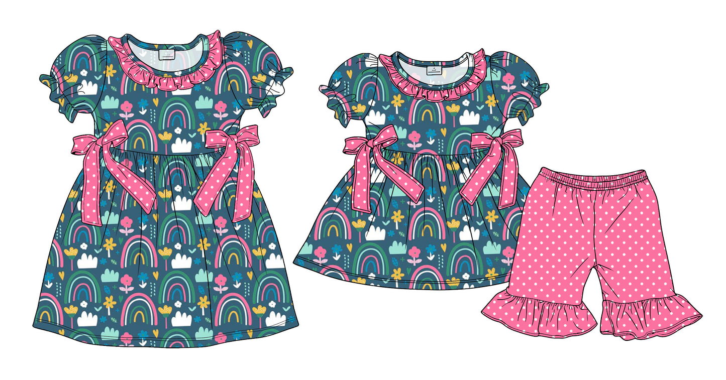 ( Moq 5 Each Style ) Sibling Baby Girls Kids Short Sleeves Bows Rainbow Flower Dress Set Clothes