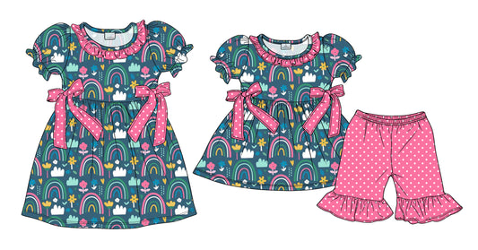 ( Moq 5 Each Style ) Sibling Baby Girls Kids Short Sleeves Bows Rainbow Flower Dress Set Clothes