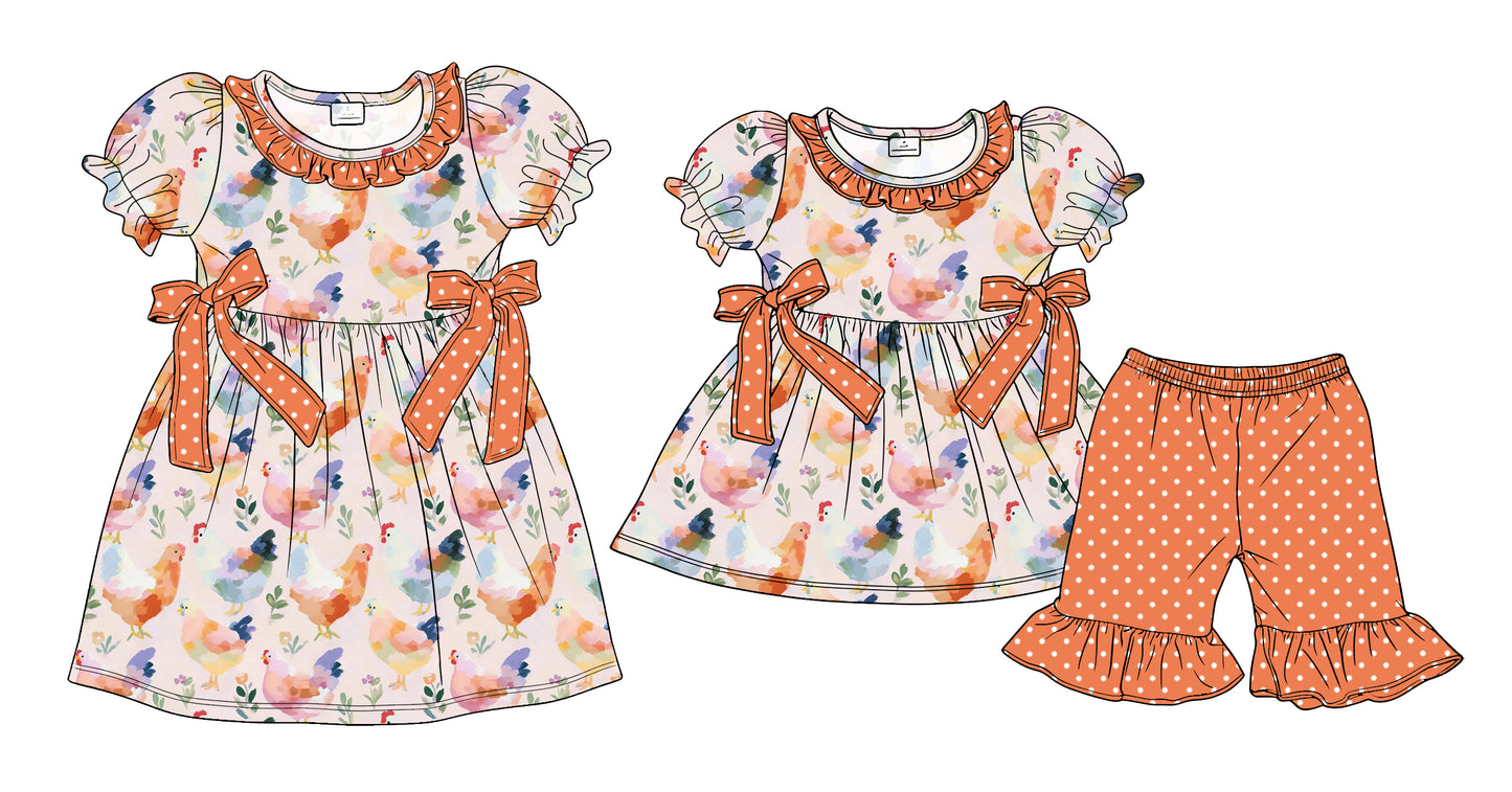 ( Moq 5 Each Style ) Sibling Baby Girls Kids Short Sleeves Bows Chicken Dress Set Clothes