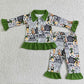 Baby Girl Long Sleeves Christmas Cartoon Buttons Shirt Pants Pajamas Green Set