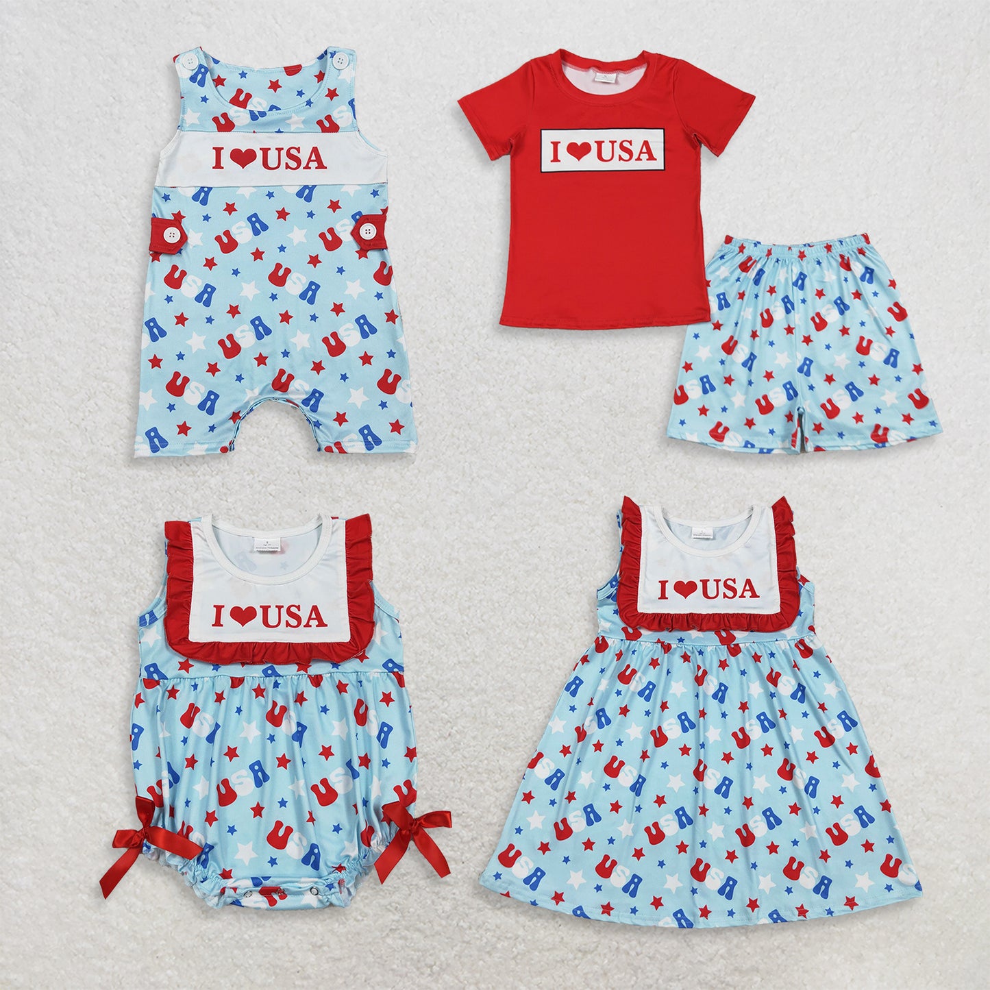 Sibling Baby Boy Girls Kids I Love USA 4th of July Dress Rompers Set Clothes RTS