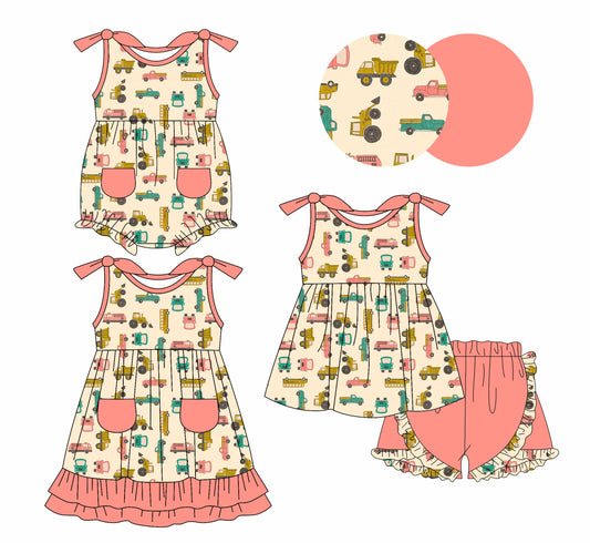 Baby Girl Trucks Straps Sibling Romper Dress Set ( Moq 5 Each Style ) 1.13