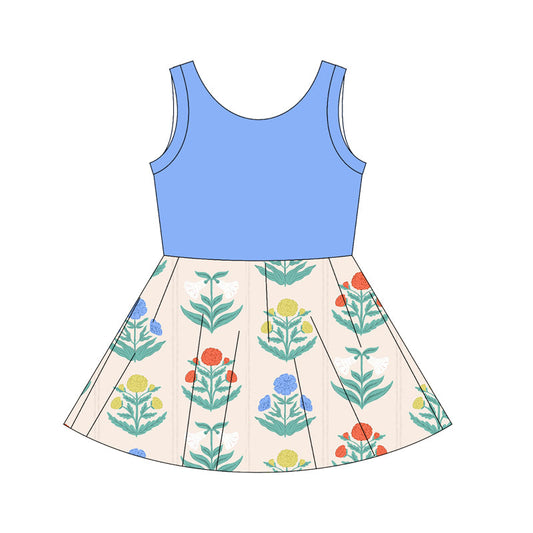 ( Moq 5 ) Baby Girl Blue Sleeveless Flower Knee Length Dress