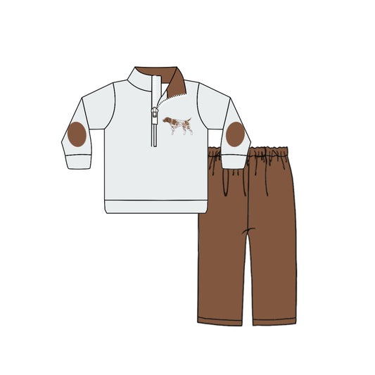 Baby Boy Long Sleeves Dog Print Zipper Shirt Brown Pants Hunting Clothes Set Moq 5