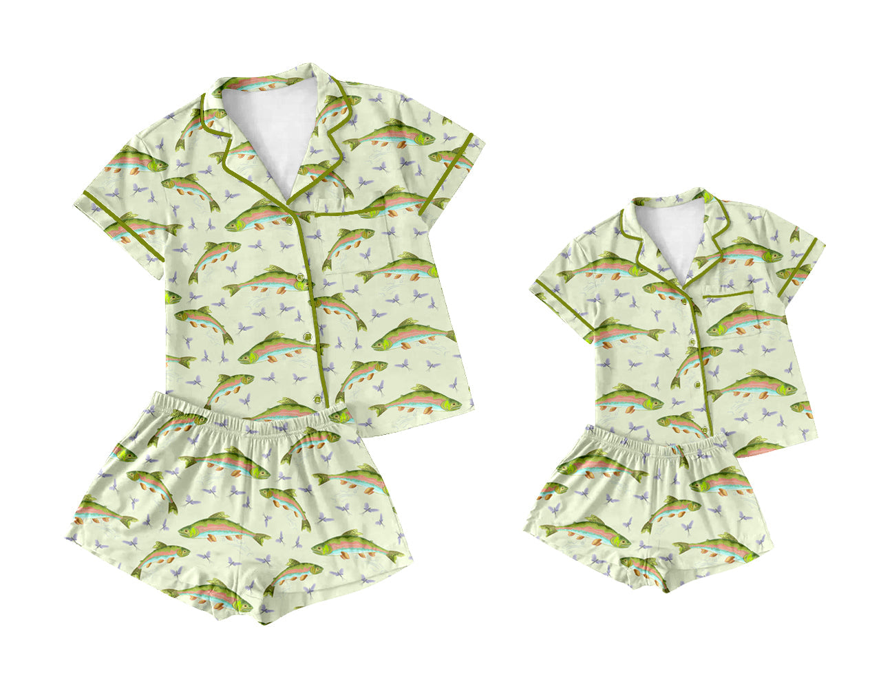 Baby Kids Adult Short Sleeves Fish Green Sibling Pajamas Set ( Moq 5 Each Style ) 3.1
