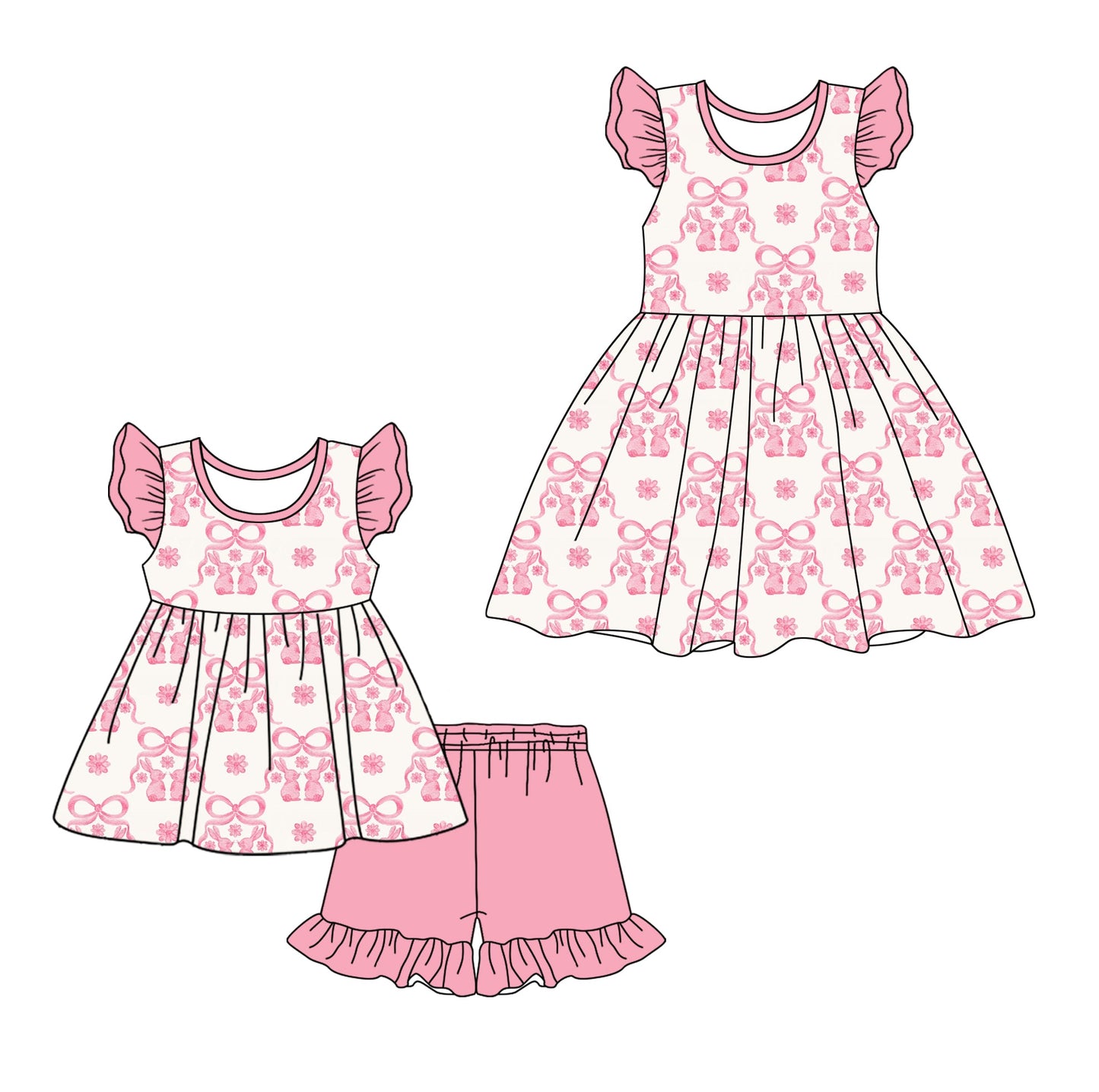 Baby Girl Short Sleeves Easter Rabbits Bows Sibling Dress Clothes Set ( Moq 5 Each Design ) 12.7