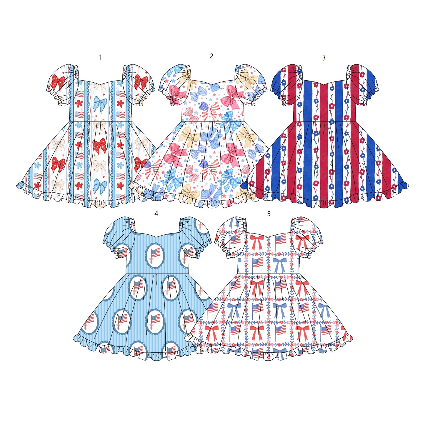 ( Moq 5 Each Style ) Sibling Baby Girls Toddler Short Sleeves Flower Bows 4th of July Dresses Summer Clothes