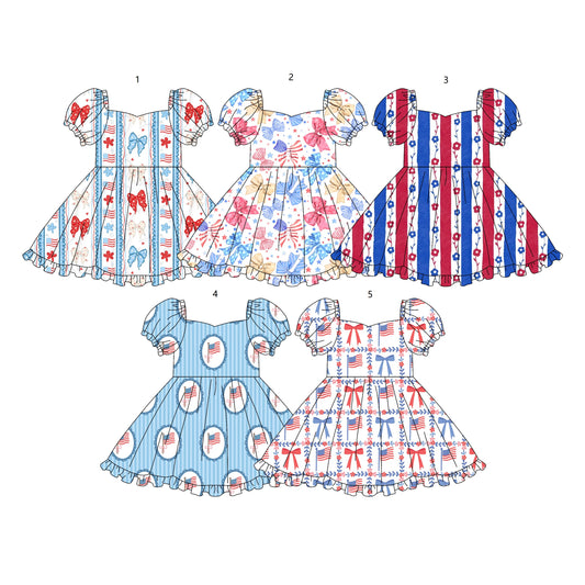 ( Moq 5 Each Style ) Sibling Baby Girls Toddler Short Sleeves Flower Bows 4th of July Dresses Summer Clothes