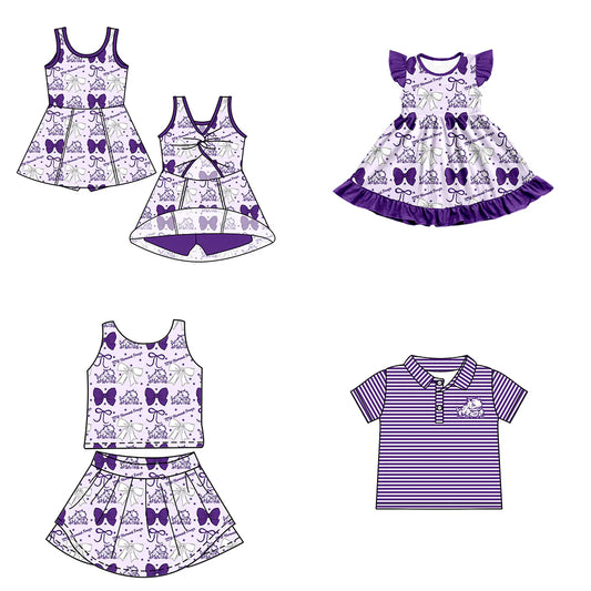 ( Moq 5 each style ) Baby Boy Girl Toddler Team Purple Bows Sibling Shirt Dress Set 6.23