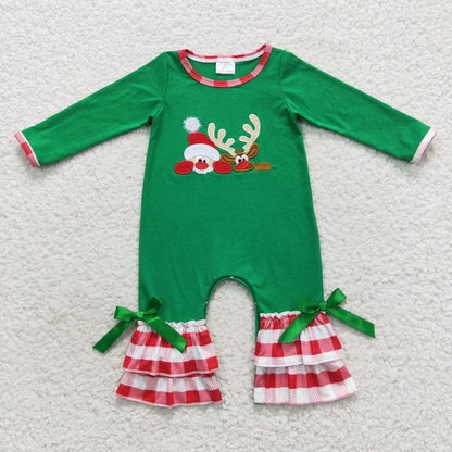 LR0395 Baby Girl Long Sleeves Christmas Embroidery Reindeer Green Cotton Romper