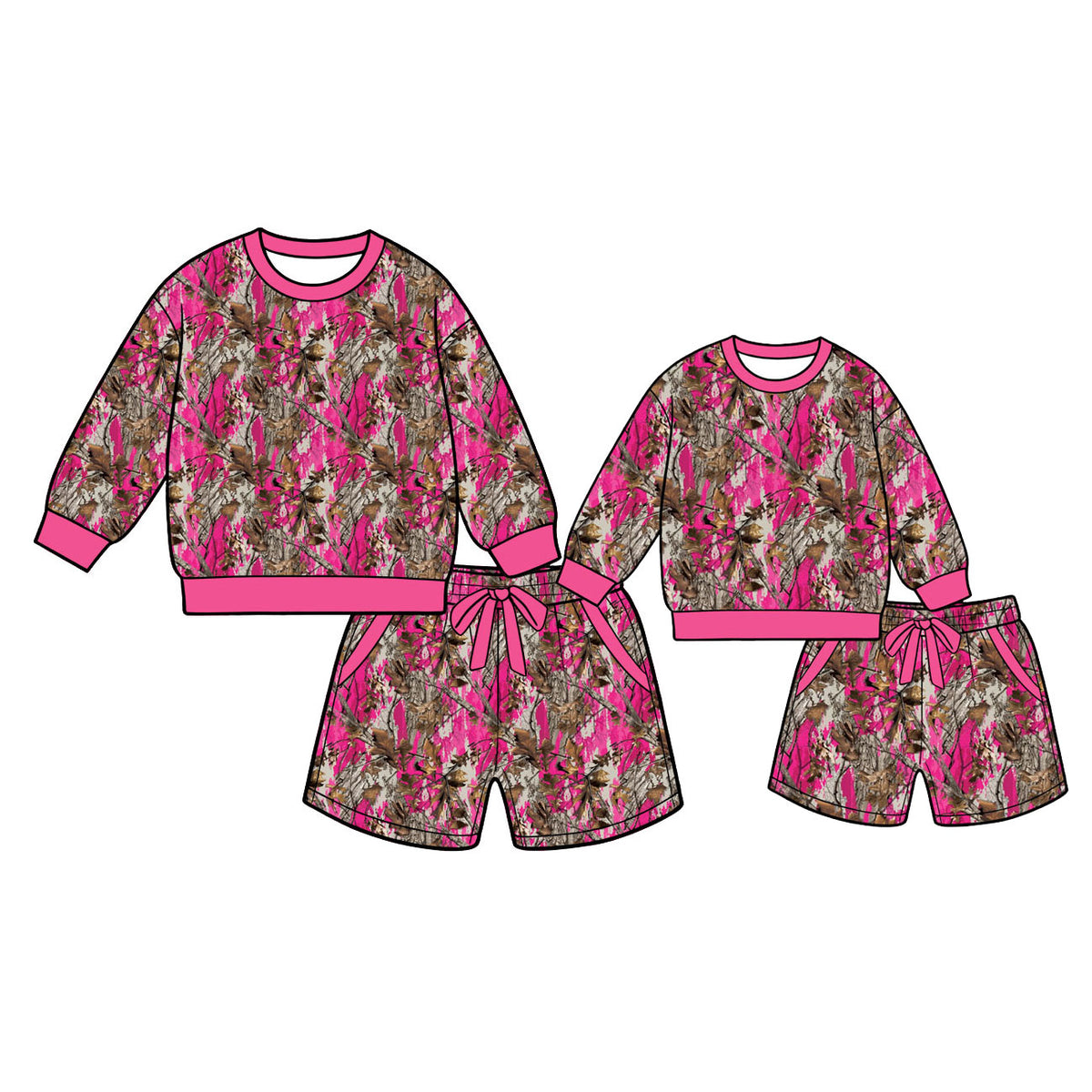 Sibling Baby Girls Adult Women Long Sleeves Leaves Shirts Pockets Shorts Sets Camo Clothes RTS