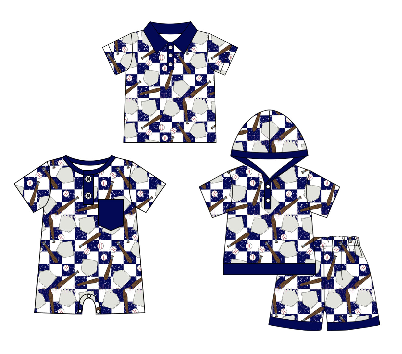 Baby Boy Short Sleeves Baseball Blue Checkered Sibling Romper Clothes Set ( Moq 5 Each Design )11.30