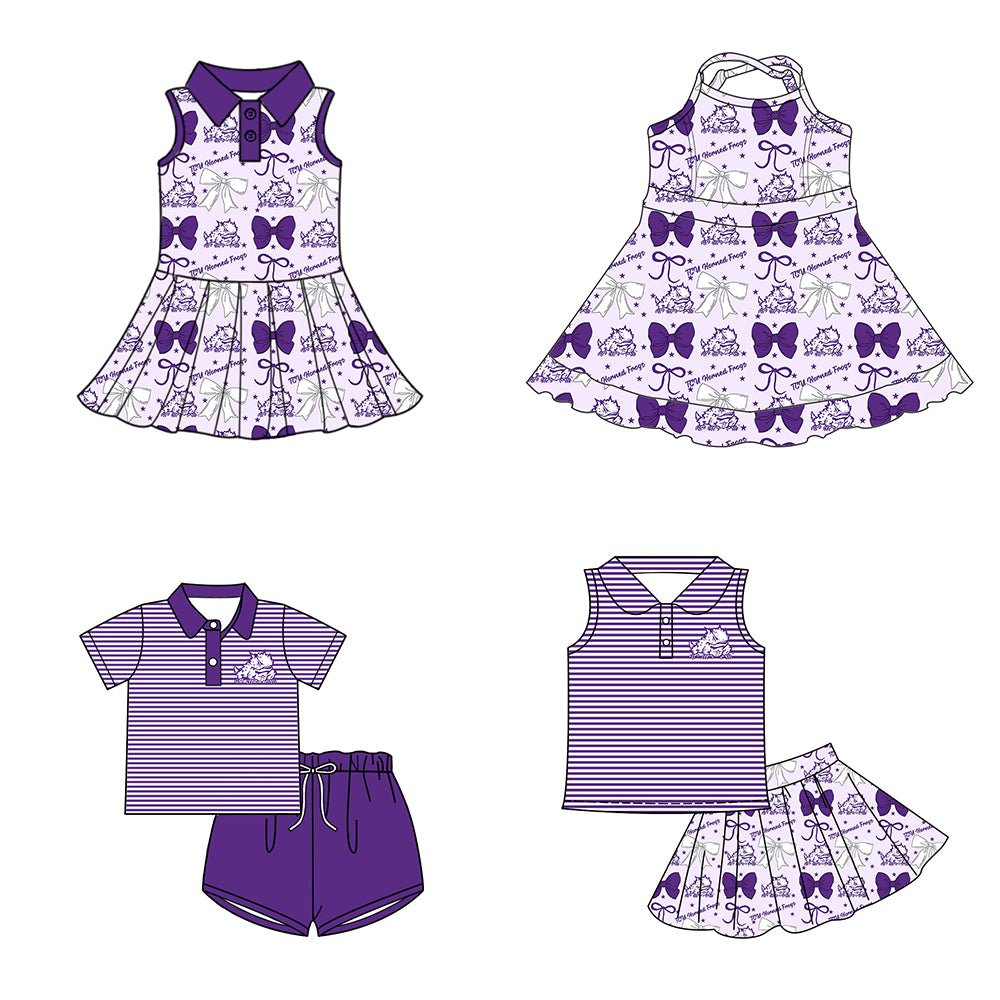 ( Moq 5 each style ) Baby Boy Girl Toddler Team Purple Bows Sibling Shirt Dress Set