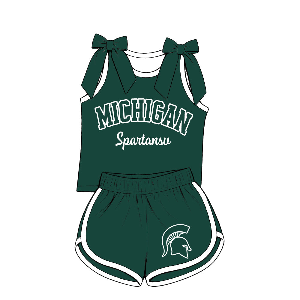 ( Moq 5 ) Baby Girls Kids Sleeveless Bows Shirt Shorts Team Set Cheer Clothes