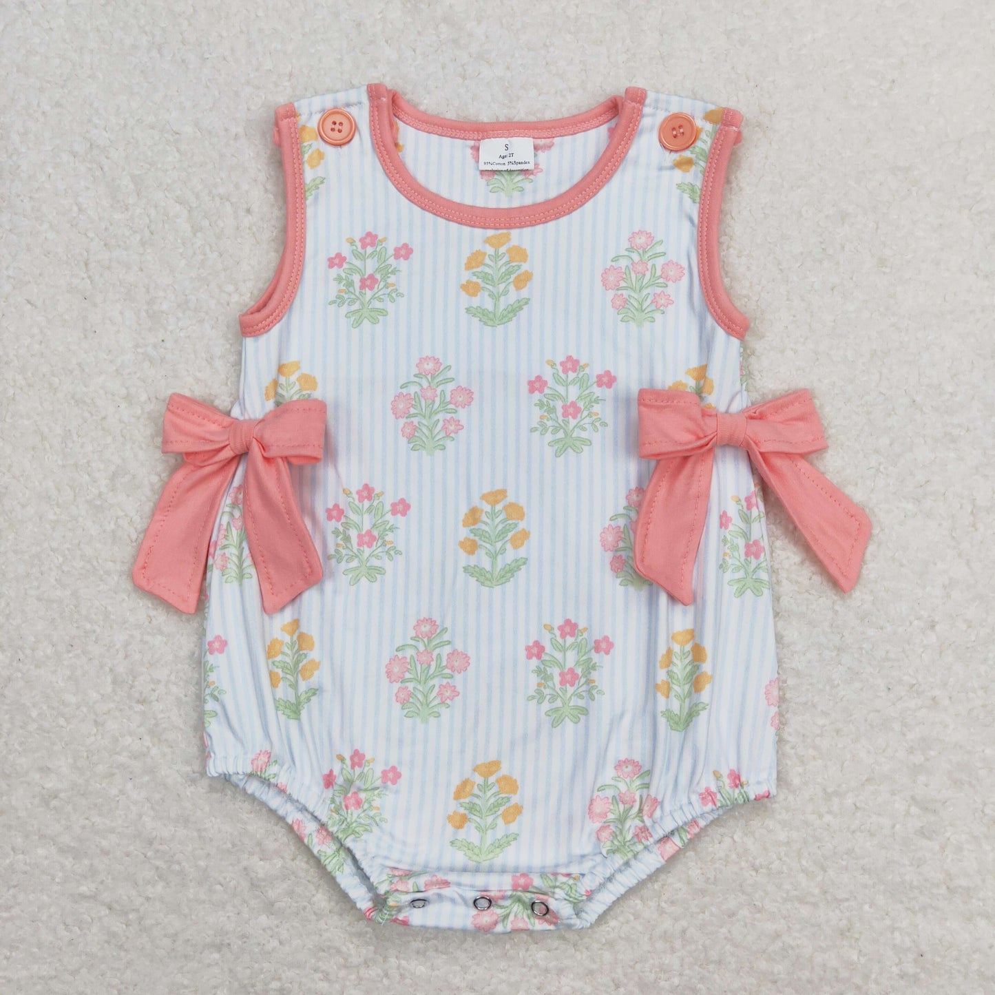 Baby Girl Sleeveless Floral Stripes Bubble Summer One Piece Romper