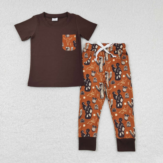 BSPO0165 Baby Boy Western Short Sleeves Pocket Shirts Cow Cactus Pants Outfit