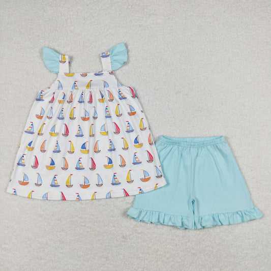 Baby Girl Short Sleeves Boats Tunic Blue Cotton Shorts Summer Set