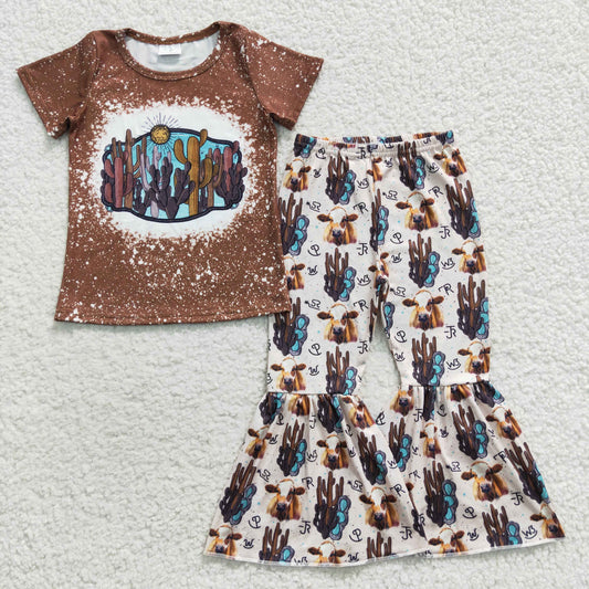 GSPO0647 Western Baby Girl Brown Short Sleeves Cactus Shirt Cow Print Bell Pants Outfit