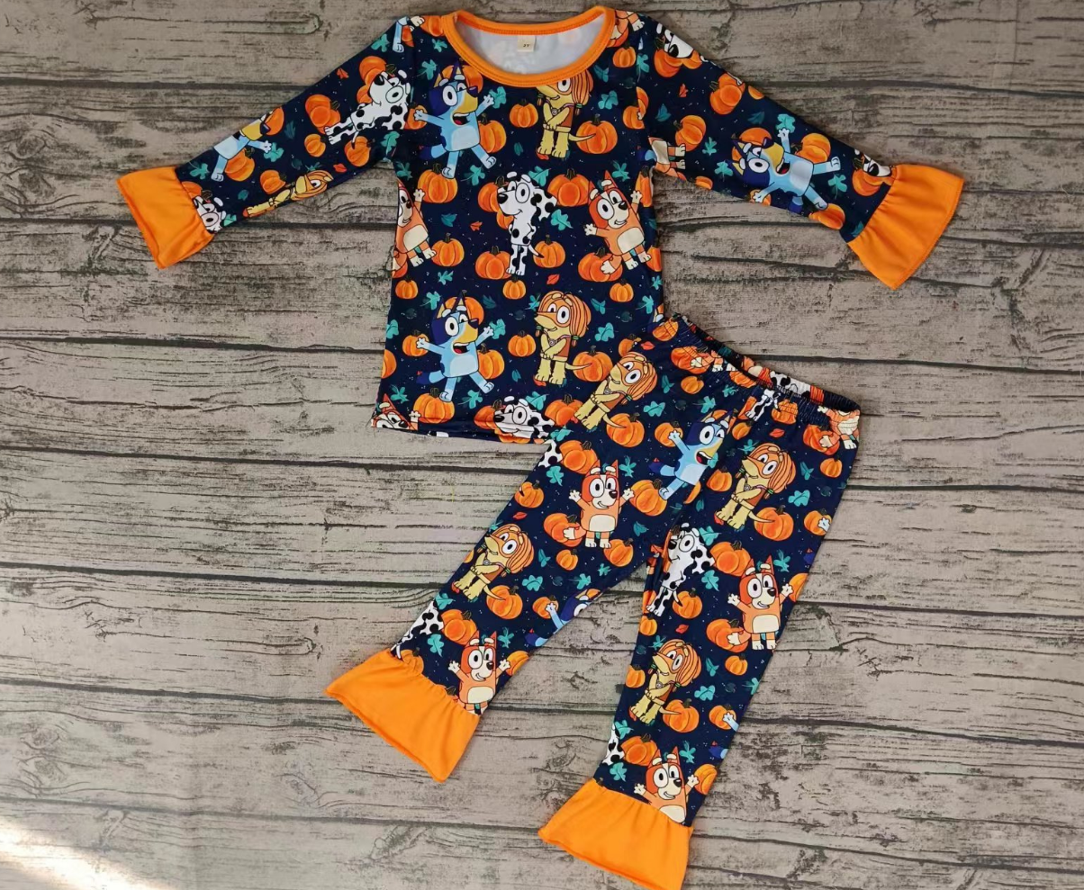 Baby Girl Long Sleeves Pumpkin Dogs Shirt Pants Fall Pajamas Outfit Moq 5