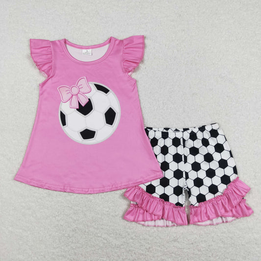 GSSO0496 Baby Girl Short Sleeves Pink Shirt Soccer Ruffle Shorts Set