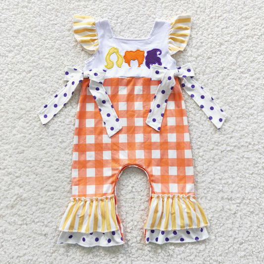 SR0383 Halloween Baby Girl Embroidery Plaid Romper