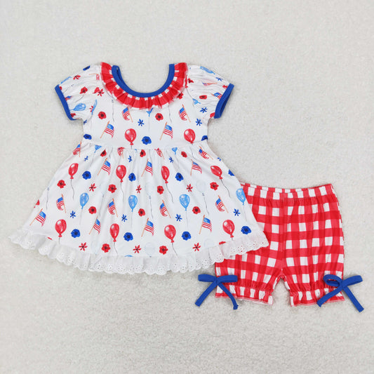 GSSO0430 July 4th Baby Girl Short Sleeves Balloon Tunic Ruffle Red Plaid Shorts Summer Pink Set