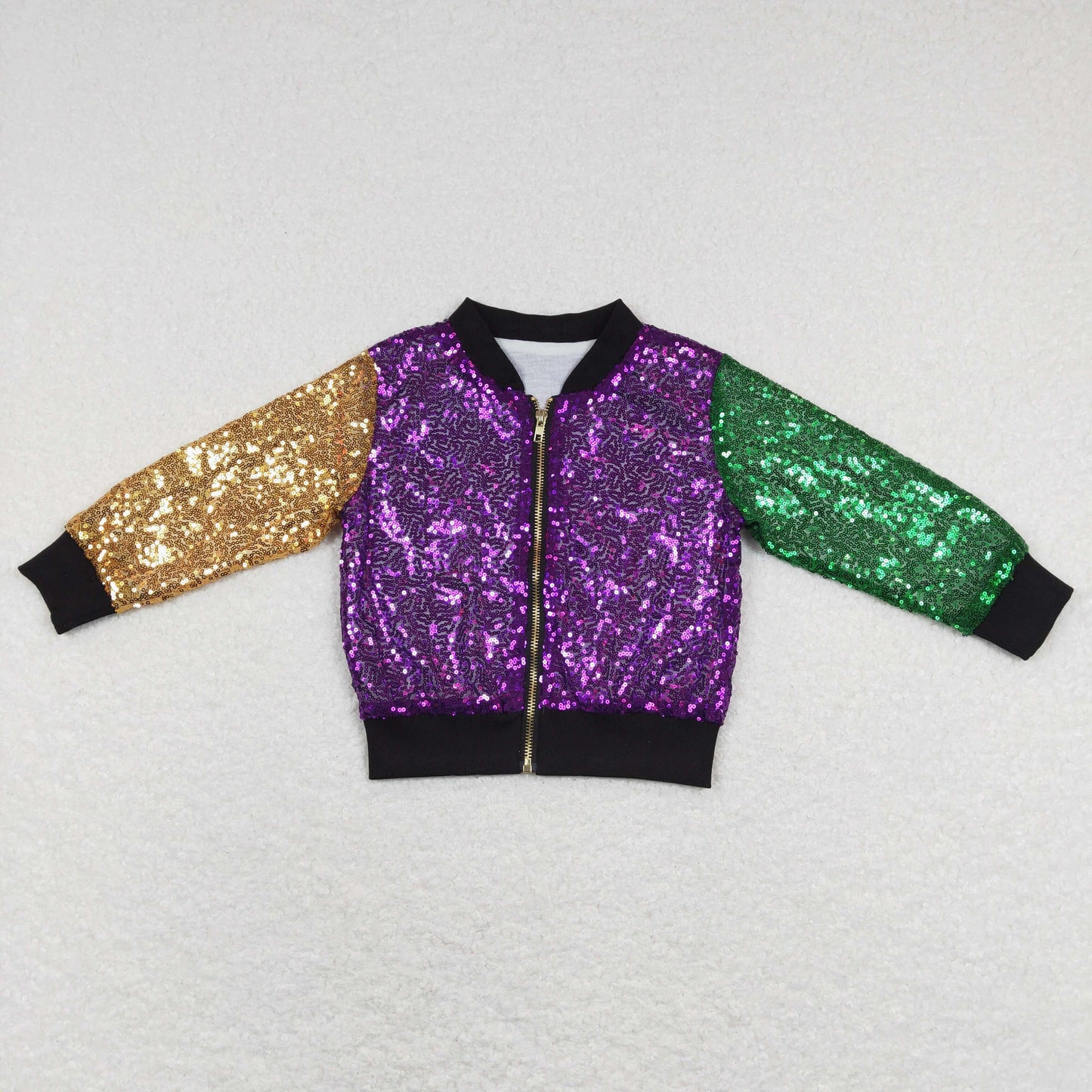 BT0451 Baby Kids Long Sleeves Mardi Gras Zipper Sequins Coat Jacket