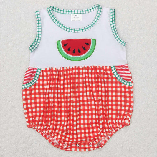 SR0592 Baby Boy Embroidery Watermelon Pocket Summer Romper