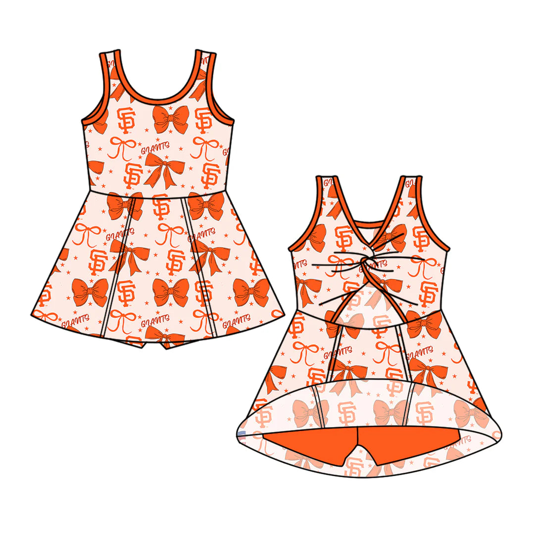 ( Moq 5 each style ) Baby Girl Toddler SF Team Orange Bows Sibling Romper Dress Set 6.16