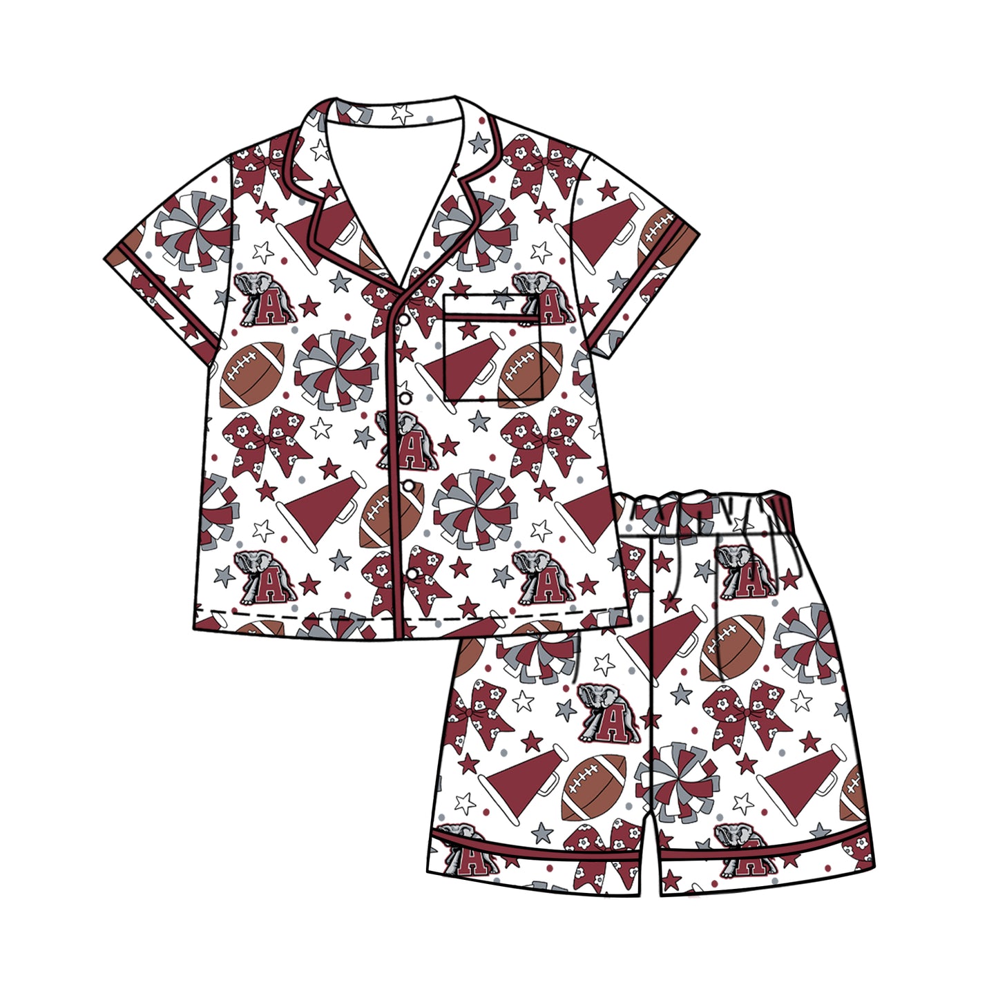 ( Moq 5 ) Baby Girls Kids Short Sleeves Elephant Bows Cheer Football Shirt Shorts Pajamas Set