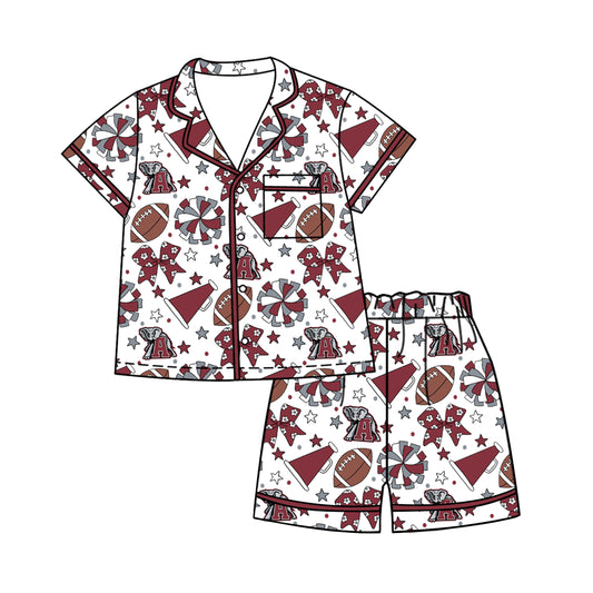 ( Moq 5 ) Baby Girls Kids Short Sleeves Elephant Bows Cheer Football Shirt Shorts Pajamas Set