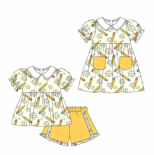 ( Moq 5 Each Style ) Baby Girls Kids Short Sleeves Pencil Flower Back to School Sibling Dress Set