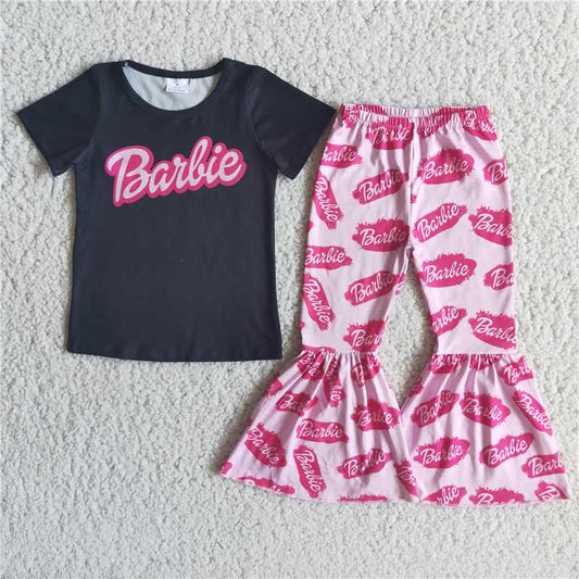 E2-19 Baby Girl Short Sleeves Doll Shirt Bell Pants Pink Outfit