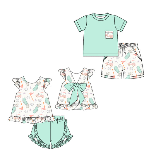 ( Moq 5 Each Style ) Sibling Baby Boys Girls Short Sleeves Golf Shirts Shorts Green Sets