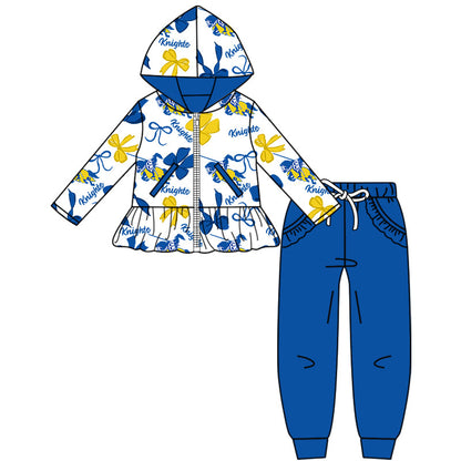( Moq 5 each style ) Baby Boys Girls Team Cheer Sibling Blue Drips Shirt Bows Dress Set 8.14