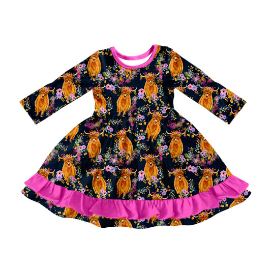 Baby Girl Long Sleeves Western Cow Flower Ruffle Dress