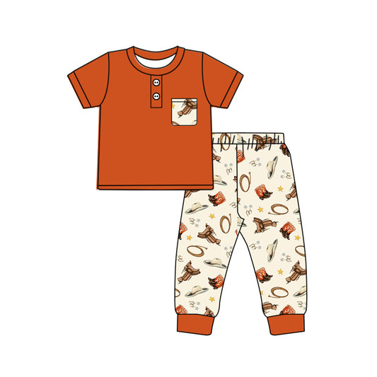 Baby Boy Short Sleeves Pocket Shirt Western Pants Pajamas Set Moq 5