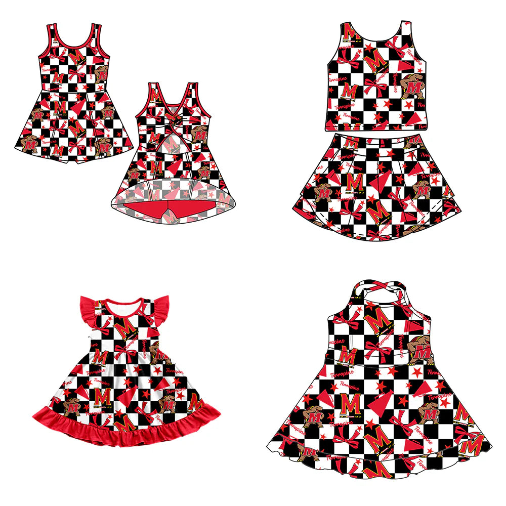 ( Moq 5 each style ) Baby Girl Toddler M Team Red Bows Cheer Sibling Checked Dress Set 6.30