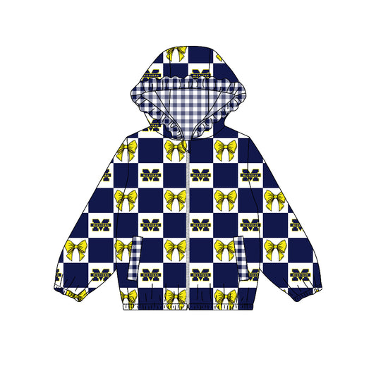 ( Moq 5 ) Custom Baby Girl Kids Pockets Zipper Hoodie Bows Team Jacket Coat Tops