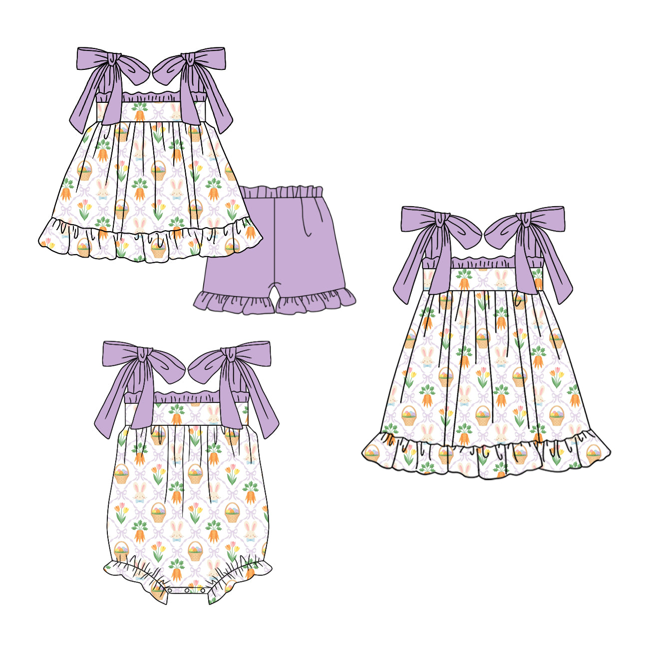 ( Moq 5 Each Style ) Baby Girls Kids Rabbits Eggs Carrots Sibling Easter Romper Dress Set