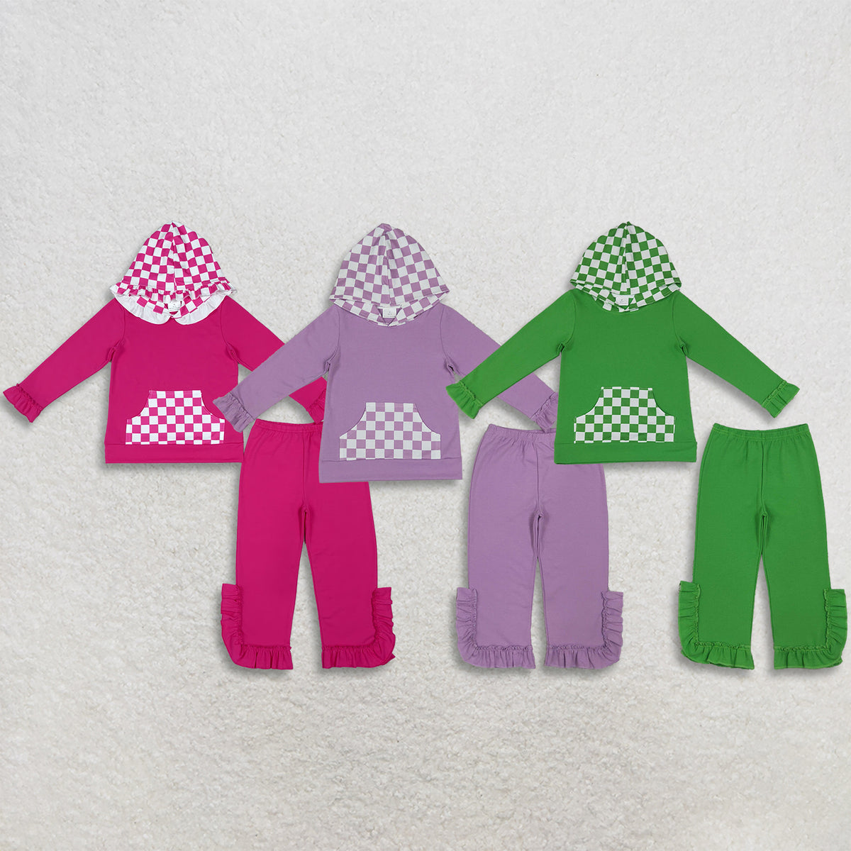 Sibling Baby Girls Kids Long Sleeves Checked Pockets Hoodie Shirts Pants Sets Cotton Clothes RTS