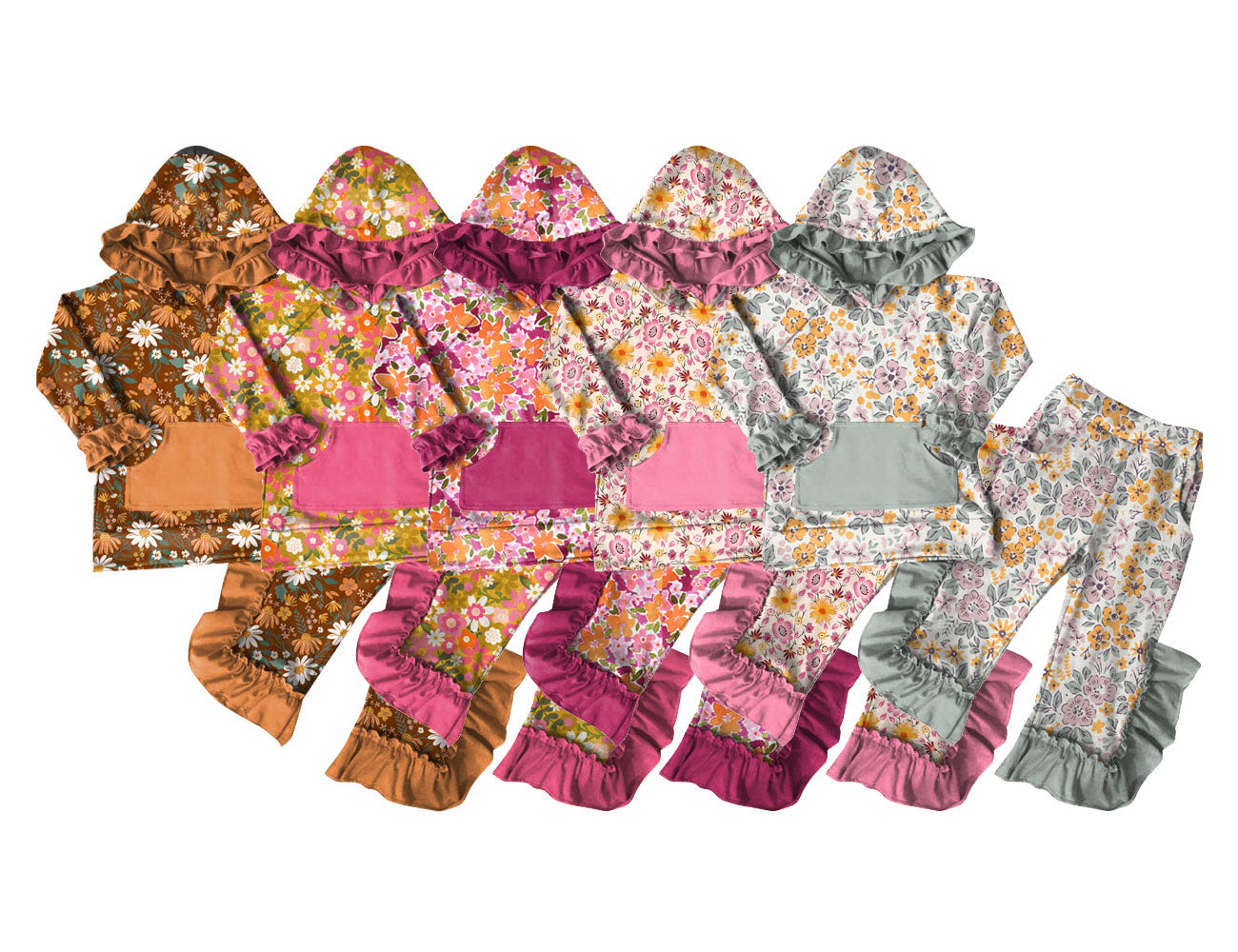 ( Moq 5 Each Style ) Sibling Baby Girls Kids Long Sleeves Flower Hoodie Shirts Pockets Pants Sets Clothes