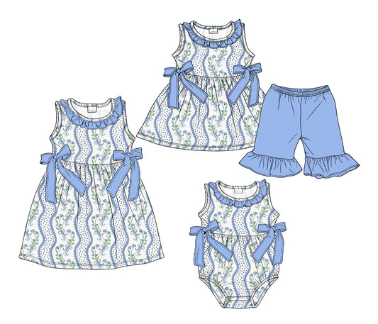 ( Moq 5 Each Style ) Sibling Baby Girls Kids Blue Flower Bows Romper Dress Set Summer Clothes