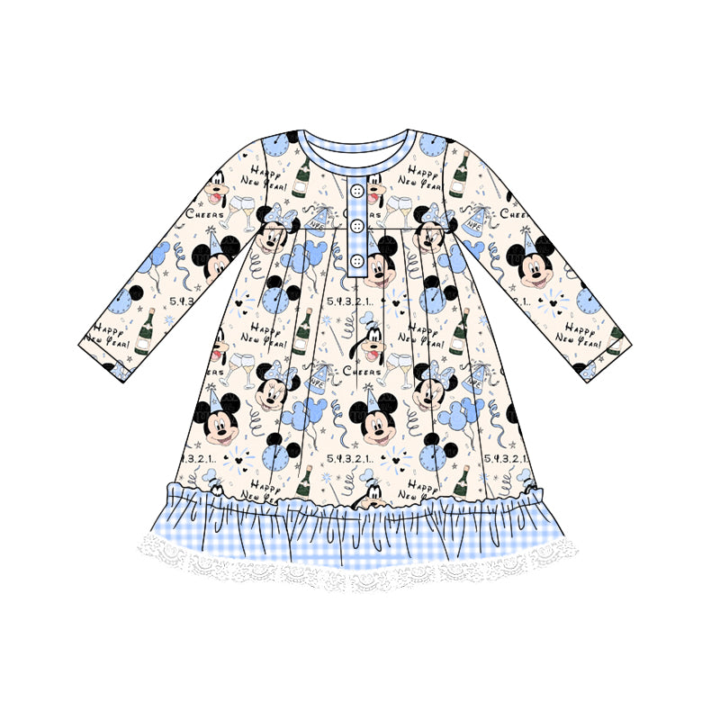 Baby Girl Long Sleeves Cartoon Birthday Blue Dress