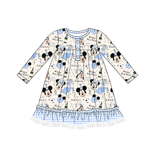 Baby Girl Long Sleeves Cartoon Birthday Blue Dress