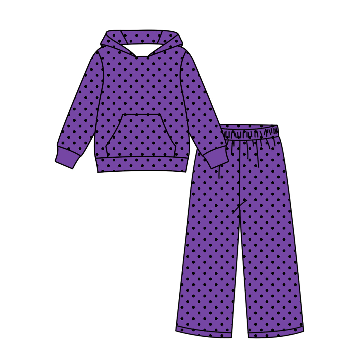 ( Moq 5 ) Custom Baby Girls Kids Long Sleeves Black Dots Hoodie Pullover Pants Purple Set Clothes