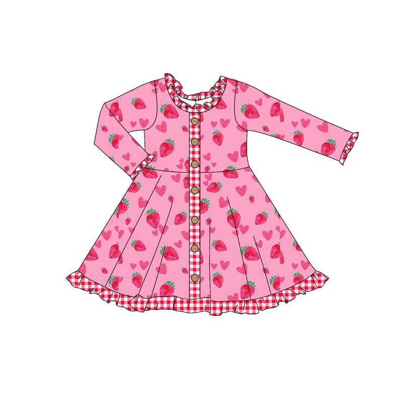 Baby Girl Long Sleeves Valentine Strawberry Hearts Buttons Pink Dress